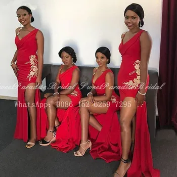 2020 Ženy Mořská panna Červená Družička Šaty Zlato 3D-Květinové Nášivky, Boční Split V Krku Dlouhé Svatební Party Šaty Vestidos