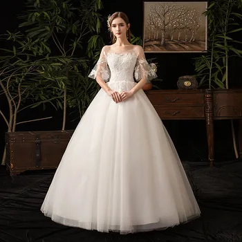 2021 Nové Horké Iluze O Krk Polovina Rukáv Svatební Šaty Krajka Nášivka Plus Velikost Zakázku Vintage Svatební Šaty Vestido De Noiva