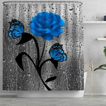 3D Motýl Květina Tkanina Vodotěsné Sprchový Závěs Koupelna Záclony Sada Modré Růže Non-Slip Rug Wc Víka a Vana Mat