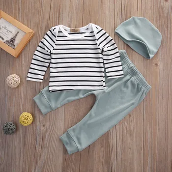 3ks set baby girl oblečení bavlněné dlouhý rukáv pruhované T-košile+kalhoty +klobouk oblek dětské oblečení kojenecké oblečení sady
