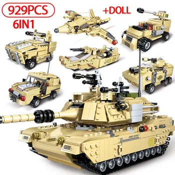 6 V 1 929PCS M1A2 Main Battle Tank Stavební Bloky Vojenské WW2 Voják Údaje Model Vozidla Cihly Hračky pro Kluky