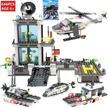 646Pcs Městské Policie SWAT Velitelství Pobřežní Stráže Vrtulník Model Stavebních Bloků Tvůrce Brinquedos Vzdělávací Hračky pro Děti