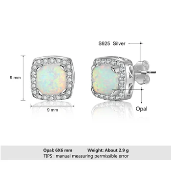 925 Sterling Silver Čtvercové Bílé Oheň Opal Náušnice Zirkony Stud Náušnice Svatební Šperky pro Ženy (Lam Hub Fong)