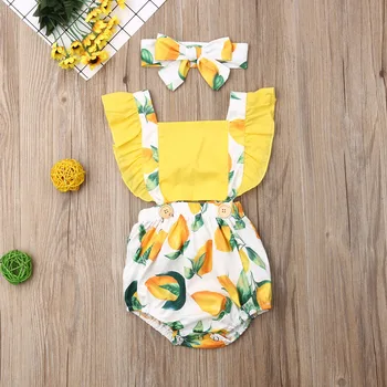 Baby Girl Romper Novorozeně Dívka Citron Ovoce Romper Kombinéza bez Rukávů Šaty Letní Kojenecká Oblečení Set 0-24M