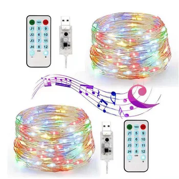 Baterie/USB Provozován Zvuk Aktivován LED Music String Světla 5M 10M Stříbrný Drát Věnec Domácí Vánoční Svatební Party Dekorace