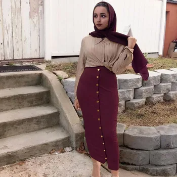 Bavlna Ženy, Hubená Bodycon Tužka Sukně Plná Barva Muslimské Islámské Malajsii Ženy Střední Pasu Rozdělit Těsné Tlačítko Sukně Oblečení