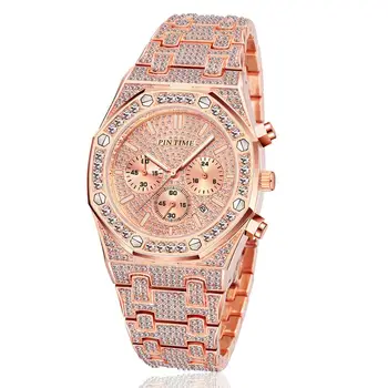 Big Dial Luxusní Muži Ženy Hodinky Chronograf Diamond Ledový, Watch Gold Oceli Ženské Mužské Hodiny Relogio Masculino Reloj Mujer