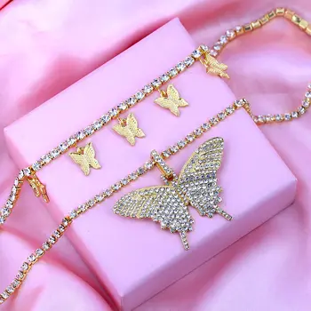 Caraquet Multi Layer Tenis Řetězce Crystal Velký Motýl Náhrdelníky pro Ženy Kouzlo Motýl náhrdelník Náhrdelník Drahokamu Šperky
