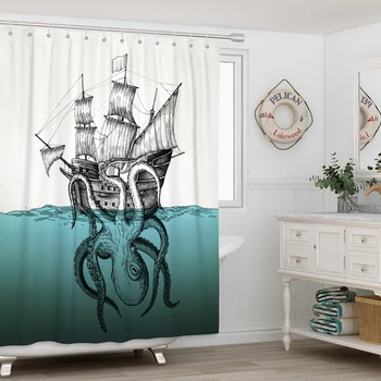 Chobotnice Sprchový Závěs pro Koupelny Námořních Bílá Blue Ocean umělecká Díla Tkaniny Záclony Nastavit Vodotěsné Mildproof Vana 72x72