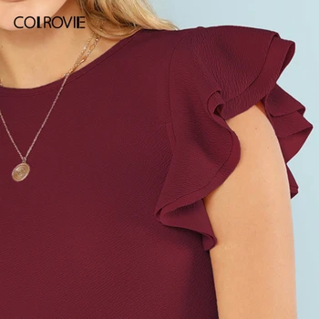 COLROVIE Vínové Vrstvené Prohrábnout Detail Texturou Elegantní Hubená Tričko Kombinézu Ženy 2019 Letní pracovní Oděvy Elegantní Obleky
