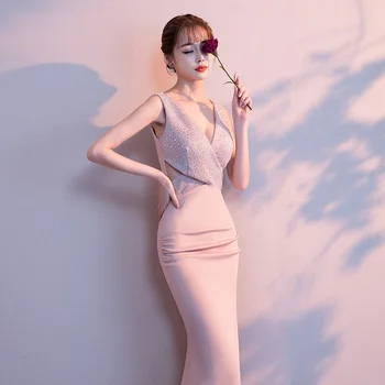 DongCMY 2020 Nové Formální Sexy V-Neck Večerní Šaty Dlouhé Party Vestido Flitry Šaty