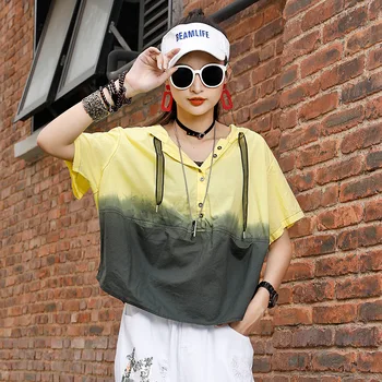 DUŠE TIGER Létě roku 2020 korejský Návrhář Dámy Punk Styl Topy Ženy Ležérní Tištěné Trička Ženy s Kapucí Tee Košile Plus Velikost