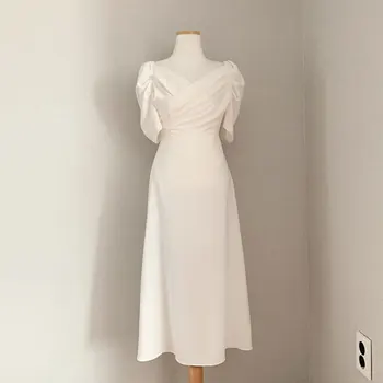 Dámské Elegantní Dlouhé Šaty S Krátkým Rukávem Francouzské Elegantní Čtvercové Límec Kříž Štíhlý Pas Puff Rukáv Šifon Šaty Ženy Létě Roku 2020