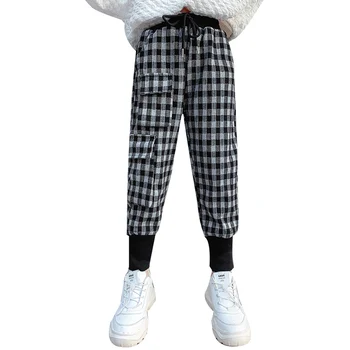 Děti Zimní Dívky Cargo Kalhoty Bavlněné Kostkované Teplé Plyšové Ležérní kalhoty Multi-kapsy Harem Jogger Kalhoty, Hiphop Oblečení pro Děti