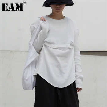 [EAM] Ženy Bílé Skládané Rozdělení Společné Velké Velikosti T-shirt Nové Kolo Krk Dlouhý Rukáv Módní Příliv Jaro Podzim 2021 1DB047
