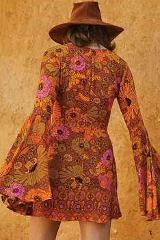 Echoine Oranžová/Žlutá Jupiter Květinové Tisk Šaty Ženy Podzim Vrhat Výstřih Dlouhé Bell Sladké Split Rukáv Krátké Šaty Plus Velikost
