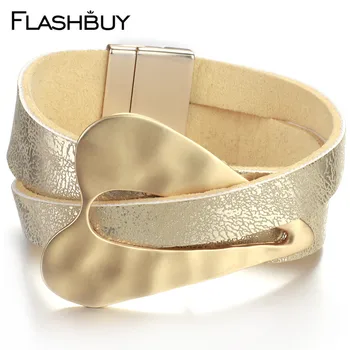 Flashbuy Kovové Srdce Kožené Náramky Pro Ženy Módní Jednoduché Magnetické Široký Warp Kožené Náramky Módní Šperky Velkoobchod