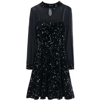 Francouzský Vintage Y2k Šaty Černé Dlouhý Rukáv Ženy Flitr Mini Šaty Jaro 2021 Mesh Sexy One-piece Šaty Dámy Večerní Oblečení