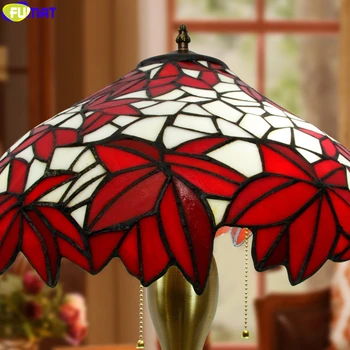 FUMAT Stolní Lampa Tiffany Styl Red Maple Leaf Stínidlo z Barevného Skla Stolní Světlo Colorfull Slitiny Základny Dekorativní Řemeslné Umění