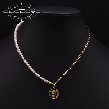 GLSEEVO Ručně vyráběné Kovové Tag Přívěsek Náhrdelník Pro Ženy, Sladkovodní Pearl Módní Šperky Řetěz, Dívka, Dárek k Výročí GN0249