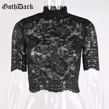 Goth Tmavě Estetické Mesh Duté T-košile Díru Patchwork Crop Top Solid T-shirt Gothic Transparentní Výšivky T shirt Krajky