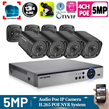 H. 265+ 4CH KAMEROVÝ Systém POE 5MP NVR Kit Detekce Obličeje Venkovní, Vodotěsné IP66 Bezpečnostní POE 5MP IP Kamery, Video Dohled, nastavit