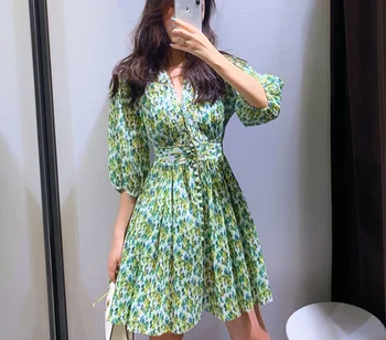Hot Prodej Módní Květinové tisk Šaty Plné rukáv Zelené skládaný skládací design Hluboký sexy v-neck mini šaty