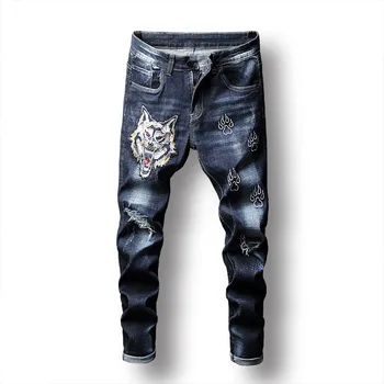 Hubená Hip Hop Džíny Muži Roztrhl Otvory Slim Kalhoty 2019 Nový Čínský Styl Značky Mládí Výšivky Kotník Zip Skinny Jeans