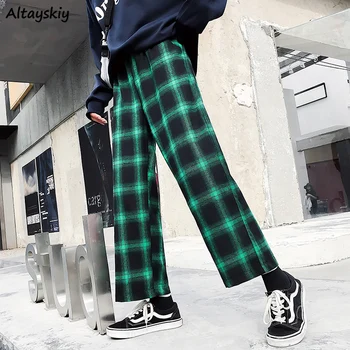 Kalhoty Dámské Kostkované korejský Styl Volné Kapsy Hip Hop Streetwear Rovné Dámské Volný čas Studentů All-zápas Kalhoty Elegantní 2020