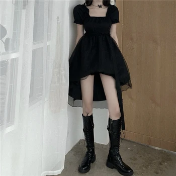 Korejský Letní Harajuku Diablo Ženy Šaty Náměstí Límec Vintage Puff Rukáv Nepravidelné Šaty A-Line Krajka Splice Black Bud Šaty