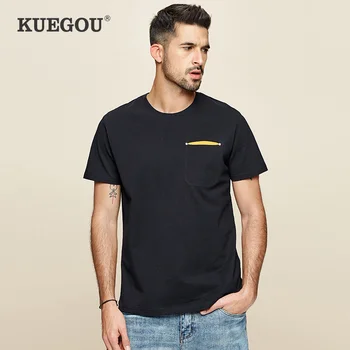 KUEGOU Značky Pánské krátký rukáv t shirt Pocket dekorace Letní černé módní Kolem krku tričko muži ZT-3354