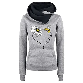 Květina Kreslený Bee Tištěné Mikina Ženy Ležérní Mikiny Kapsy Dlouhý Rukáv Svetr Top Móda Podzim Zimní Teplé Oblečení