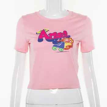 Letní Dámské O-Neck T-Shirt Anděl Dopis Tištěné Růžové Sexy Krátké Štíhlé Ženy T-shirt Sexy Crop Topy Krátký Rukáv T-Shirt 2020