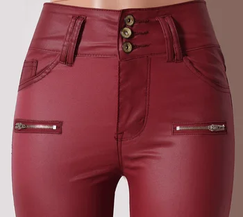 LOGAMI Hubená Pu Kožené Kalhoty pro Ženy vysokým Pasem Slim Faux Kožené Kalhoty, Oblečení Kalhoty, na Podzim Červené Víno