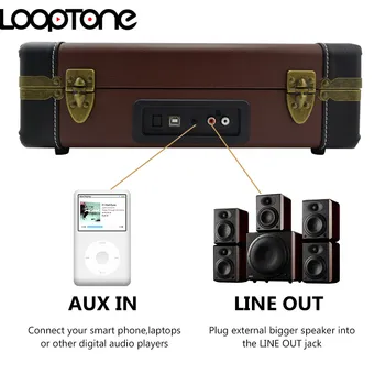 LoopTone Bluetooth Přenosný 33/45/78RPM Gramofony Vinylové desky Phono Přehrávač Aux-in RCA Line-out, Vestavěný Akumulátor 110~240V