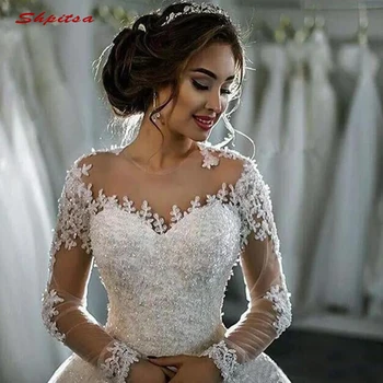 Luxusní Dlouhý Rukáv Krajka Svatební Šaty Plesové Šaty Tyl Plus Velikost Crystal Nevěsta Svatební Weding Pletí Šaty Svatební Šaty Roku 2019