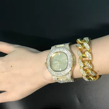 Luxusní Pánské Hodinky Zlaté Barvy & Náramek & Ring Combo Hodinky Crystal Miami Led Kubánské Braclete Řetězce šperků Hip Hop Pro Muže