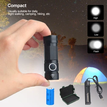 Mini Venkovní LED KLIP EDC Svítilna USB Nabíjecí Mini Přenosné pěší Turistika Malé 3Modes Pochodeň Vodotěsná Svítilna +16340+Nabíječka+Krabice
