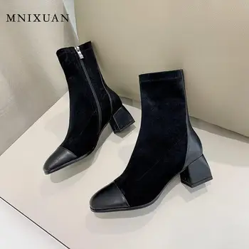 MNIXUAN ruský styl módní boty žena 2019new náměstí toe ženy boot zimní dámské kotníkové boty husté vysoké podpatky černé botičky