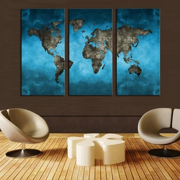 Modré Abstraktní Svět Mapa 3 ks SADA Plátno Malba, Moderní, bytové Dekorace, Obývací Pokoj, Ložnice Zeď Dekor Obraz