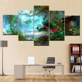 Modulární Plátno Umění Zdi Obrázky Frame Home Dekor Obývací Pokoj 5 Kusů Krásný Páv Modrý Obraz HD Zvíře Tisknout Plakát