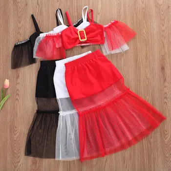 Móda 1-6Y Letní Baby Girl Oblečení Dívka Z Ramene Krajky Rukáv T Košile Topy+Kotník Délka Sukně Pro Děti