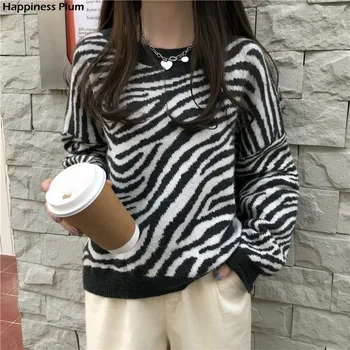 Nadrozměrné Svetr Ženy Harajuku Volné Pulovry Dámské Měkké Pruhované Zebra Batwing Rukáv Elegantní Korejský Vrcholy 2020 Podzim
