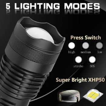 Nejvýkonnější svítilna 5 Režimů usb Zoom xhp50 led svítilna 18650 nebo 26650 baterie Nejlepší Kempování, Venkovní
