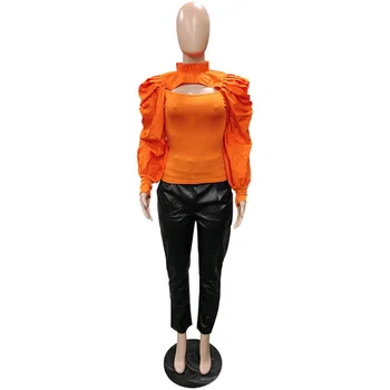 Neon Oranžové Žebrované Duté Přední Slim Fit T Košile Ženy Podzim Turtlenecl Skládaný Puff Sleeve Top Elegantní Ženské Obvaz Tees