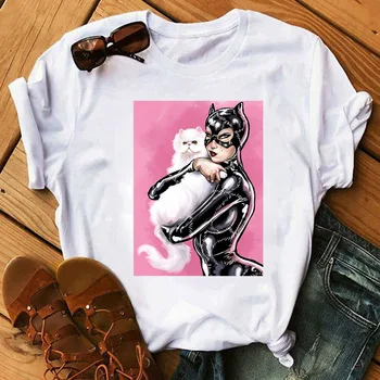 Nové Letní Ženy T Košile Topy Catwoman a Cat T-shirt Módní Cool Tričko Ženy Harajuku Tenký Oddíl Tees Oblečení Femme