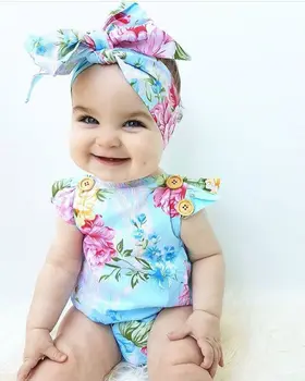 Nové Módní Krásné Novorozeně Dívka Šaty Květinové Bavlny Bez Rukávů Romper Kombinéza Čelenka Oblečení Sunsuit