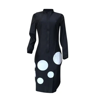 Nové Módní Ženy Dlouhý Rukáv Košile Šaty Ležérní Polka Dot Design Midi Šaty Office Lady Pracovní Oděvy