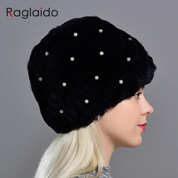 Nový Pearl Králičí kožešiny klobouk pro Ženy, ruské pravé Kožešiny, Pletené Čepice Jedinečný design Zimní Beanie Hat módní značky lebky RGQ11279