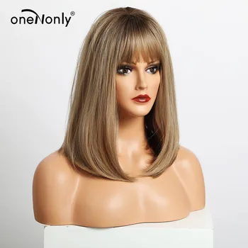OneNonly Středně dlouhé Rovné Ombre Hnědé Blond Syntetické Paruky s Ofinou pro Ženy Cosplay Přírodní Vlasy Paruka Tepelně Odolné